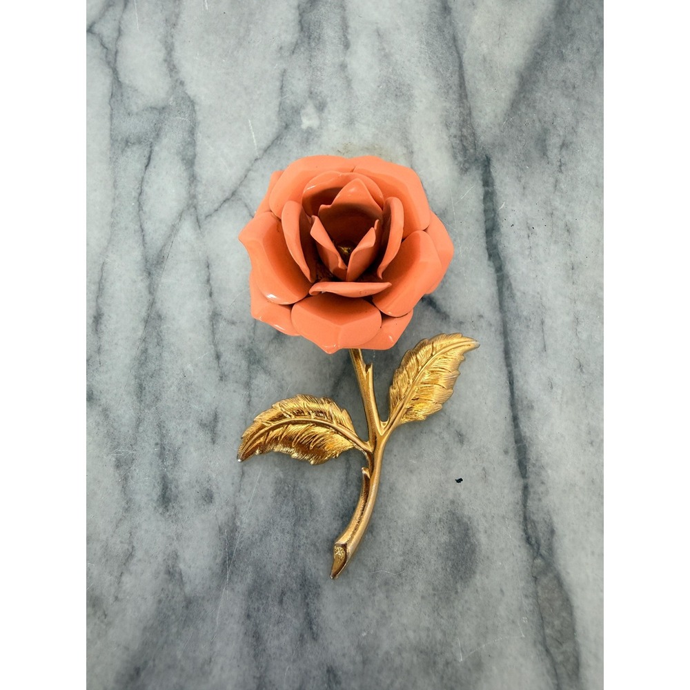 Vintage Peach Enamel Rose Brooch, MCM Coral Flower Pin, Gold Tone Floral Jewelry